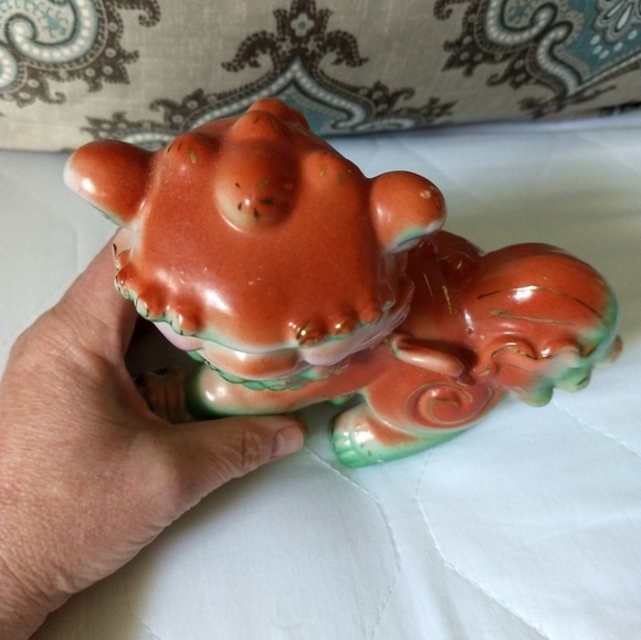 Rare Antique Female Hand-painted Orange & Green Chinese Feng Shui Foo Dog Lion - Picture 11 of 12
